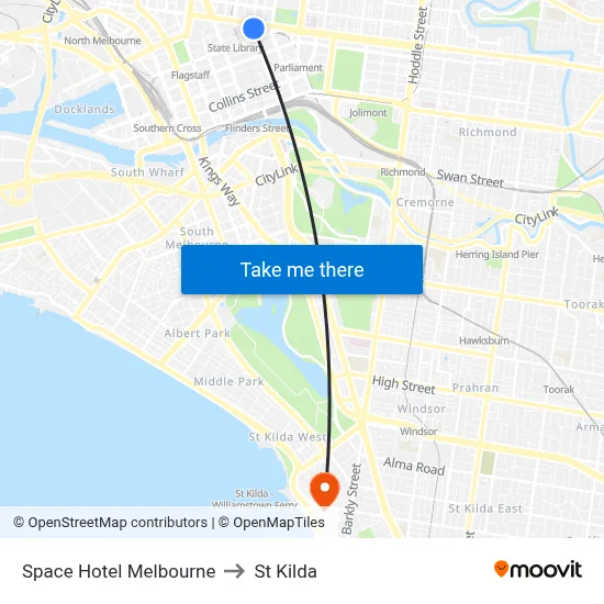 Space Hotel Melbourne to St Kilda map