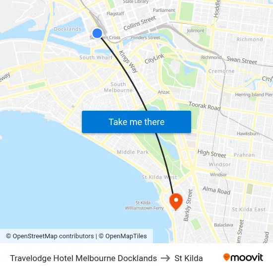 Travelodge Hotel Melbourne Docklands to St Kilda map