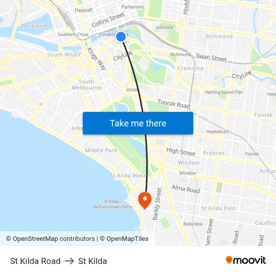 St Kilda Road to St Kilda map
