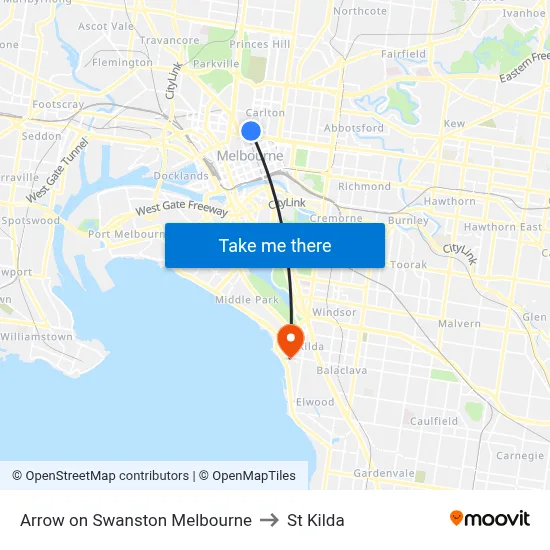Arrow on Swanston Melbourne to St Kilda map