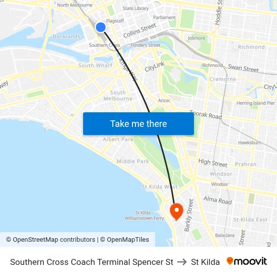 Southern Cross Coach Terminal Spencer St to St Kilda map