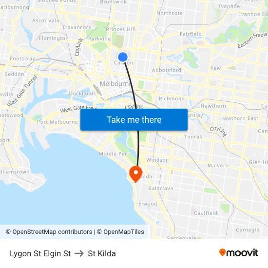 Lygon St Elgin St to St Kilda map