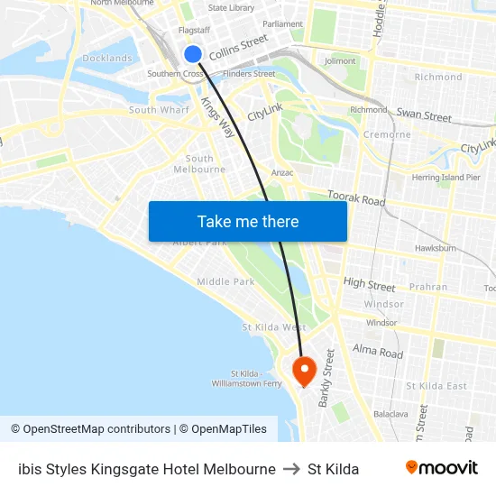 ibis Styles Kingsgate Hotel Melbourne to St Kilda map