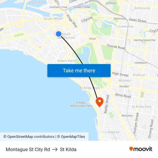 Montague St City Rd to St Kilda map