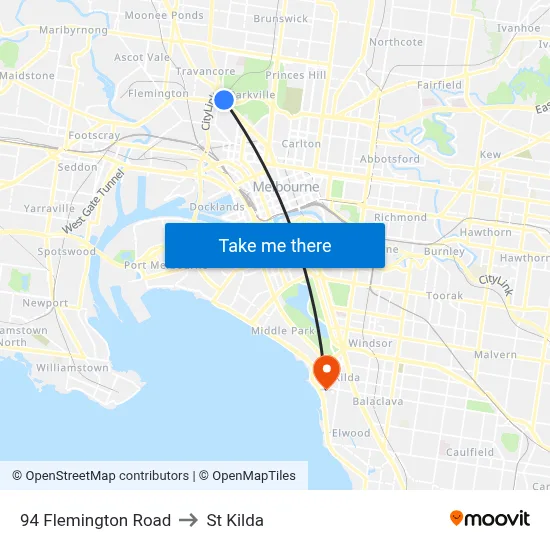 94 Flemington Road to St Kilda map