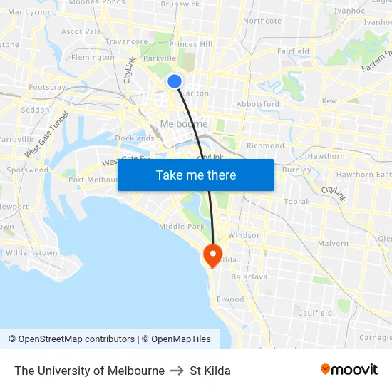 The University of Melbourne to St Kilda map