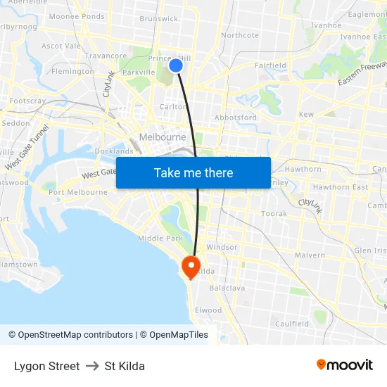 Lygon Street to St Kilda map