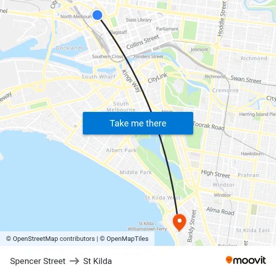 Spencer Street to St Kilda map