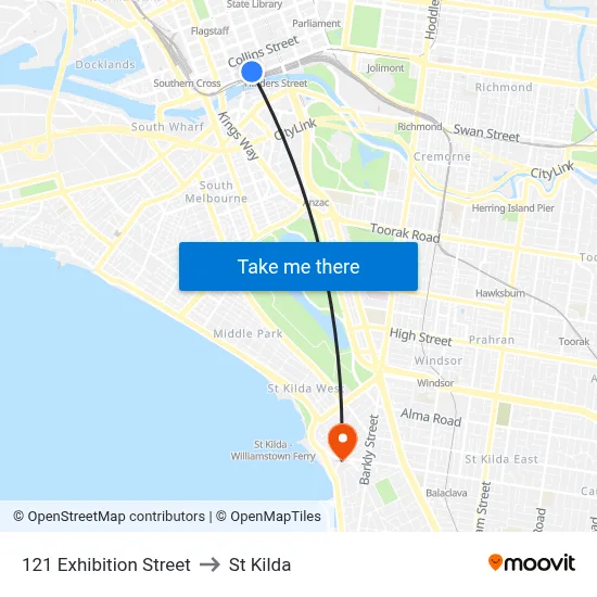 121 Exhibition Street to St Kilda map