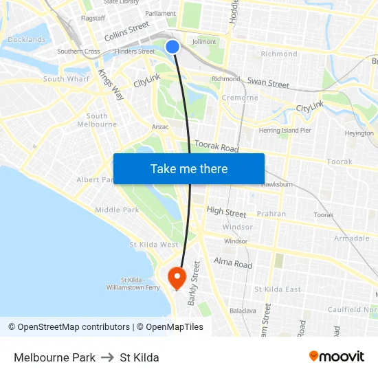 Melbourne Park to St Kilda map