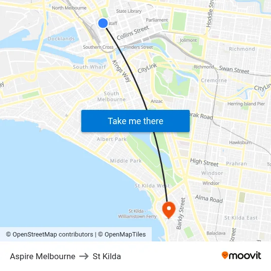 Aspire Melbourne to St Kilda map
