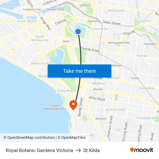 Royal Botanic Gardens Victoria to St Kilda map
