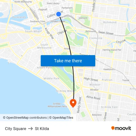 City Square to St Kilda map