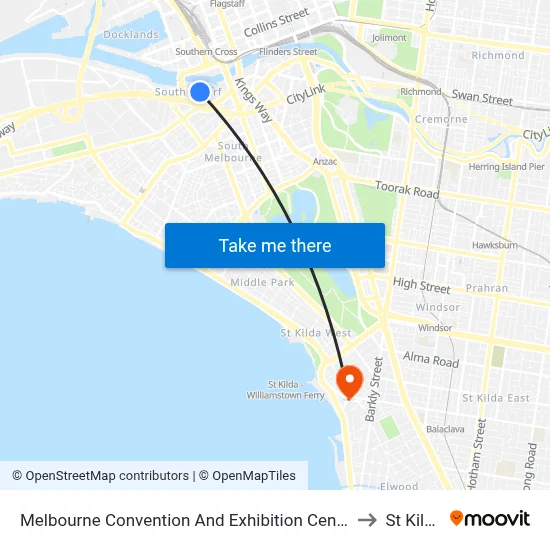 Melbourne Convention And Exhibition Centre to St Kilda map