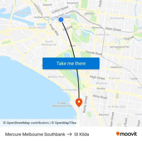 Mercure Melbourne Southbank to St Kilda map