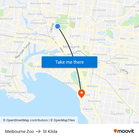 Melbourne Zoo to St Kilda map