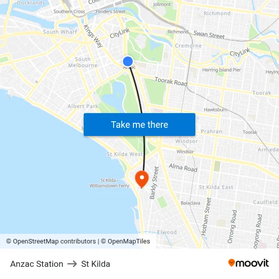 Anzac Station to St Kilda map