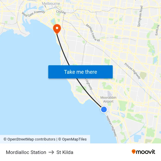 Mordialloc Station to St Kilda map