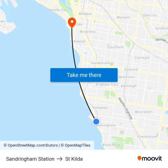 Sandringham Station to St Kilda map