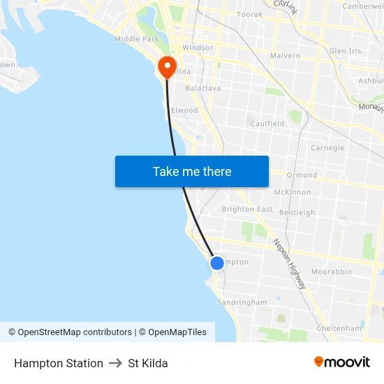 Hampton Station to St Kilda map