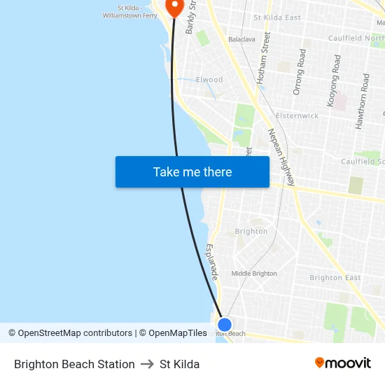 Brighton Beach Station to St Kilda map