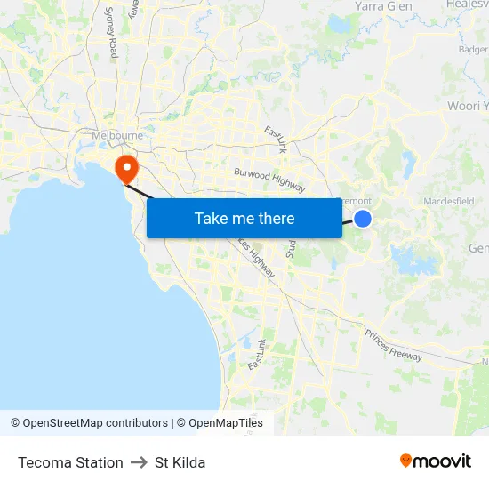 Tecoma Station to St Kilda map