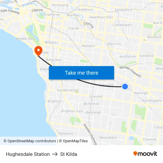 Hughesdale Station to St Kilda map