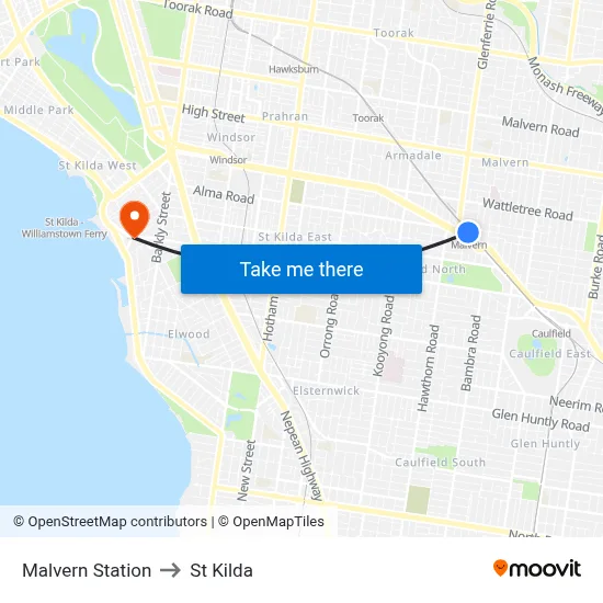 Malvern Station to St Kilda map