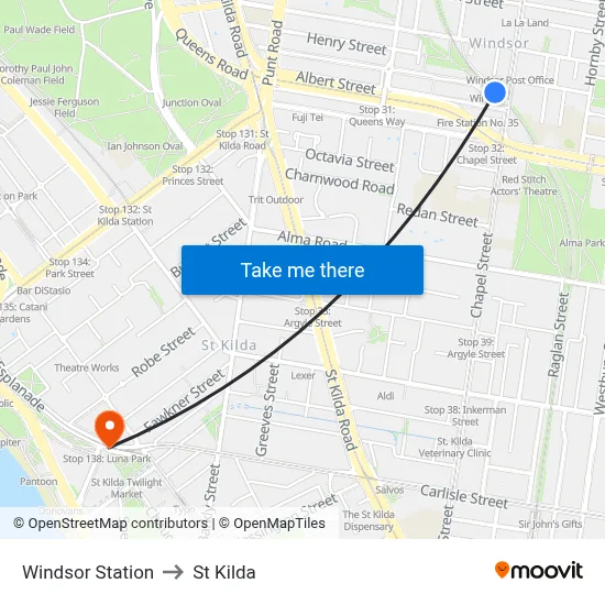 Windsor Station to St Kilda map