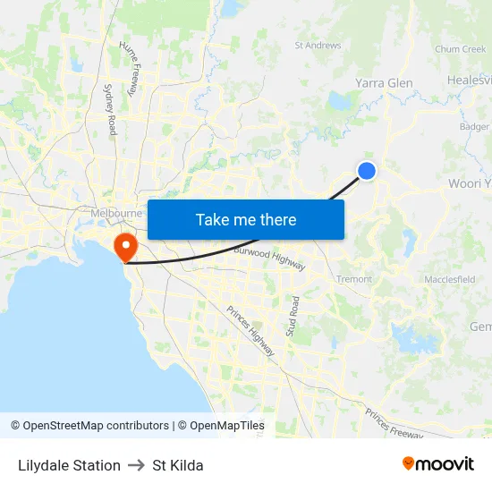 Lilydale Station to St Kilda map