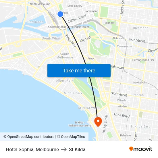Hotel Sophia, Melbourne to St Kilda map