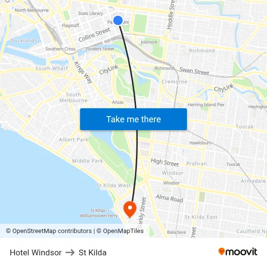 Hotel Windsor to St Kilda map