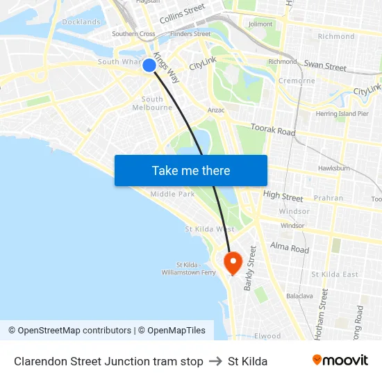 Clarendon Street Junction tram stop to St Kilda map