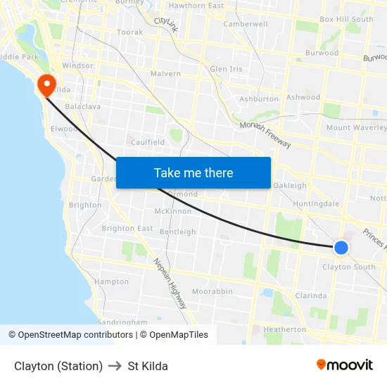 Clayton (Station) to St Kilda map
