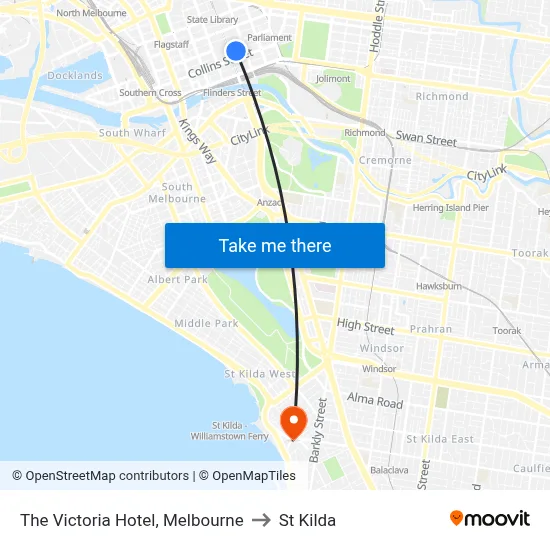 The Victoria Hotel, Melbourne to St Kilda map