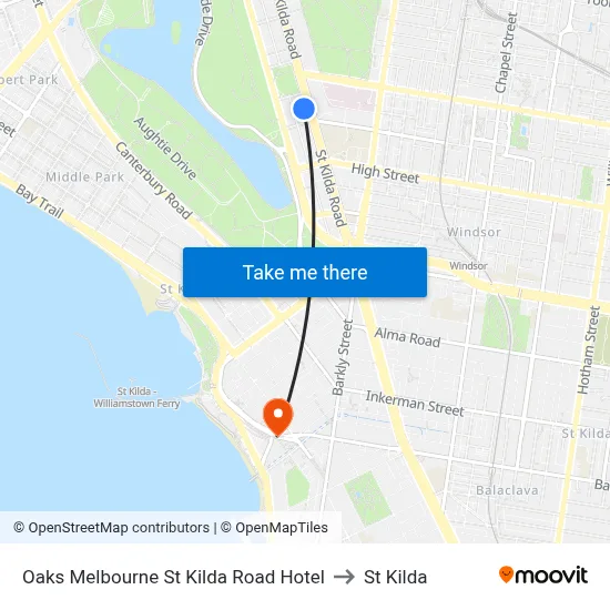 Oaks Melbourne St Kilda Road Hotel to St Kilda map