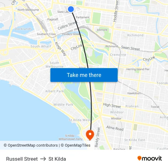 Russell Street to St Kilda map