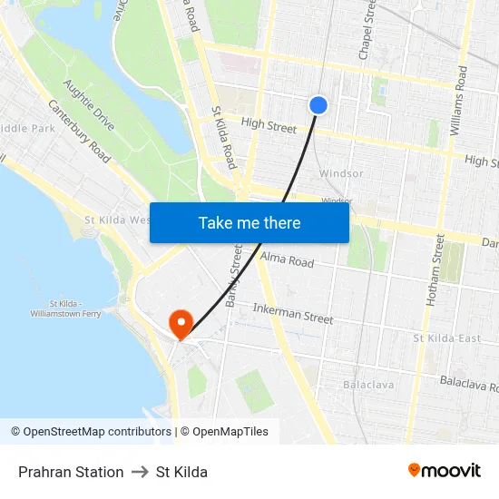 Prahran Station to St Kilda map