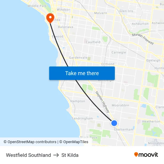 Westfield Southland to St Kilda map