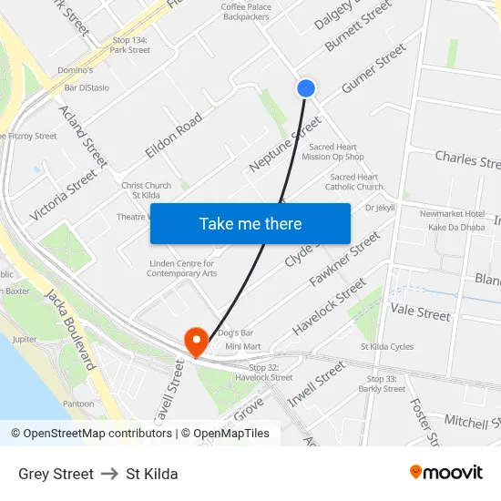 Grey Street to St Kilda map