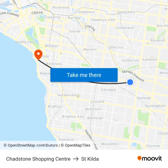 Chadstone Shopping Centre to St Kilda map