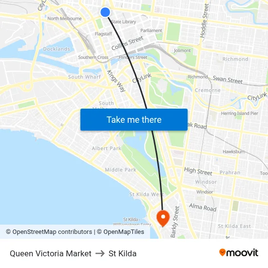 Queen Victoria Market to St Kilda map