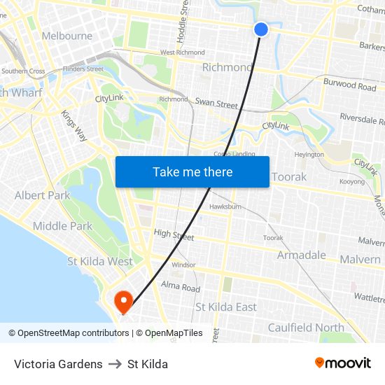 Victoria Gardens to St Kilda map