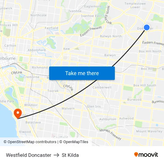 Westfield Doncaster to St Kilda map