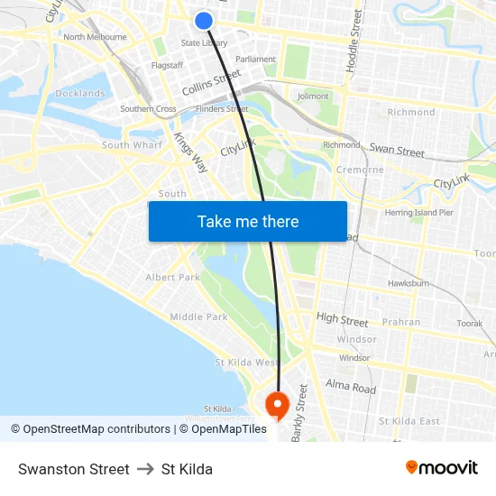 Swanston Street to St Kilda map