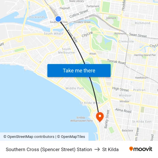 Southern Cross (Spencer Street) Station to St Kilda map