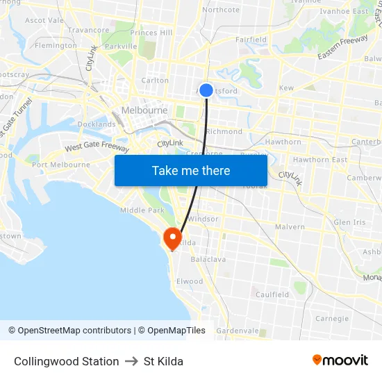 Collingwood Station to St Kilda map