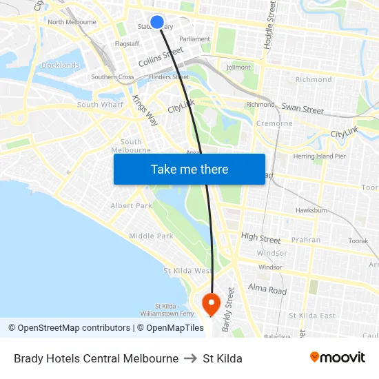 Brady Hotels Central Melbourne to St Kilda map