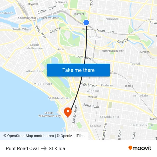 Punt Road Oval to St Kilda map