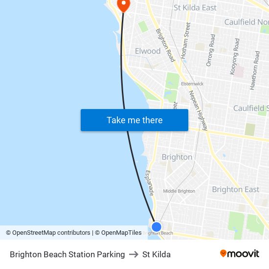 Brighton Beach Station Parking to St Kilda map